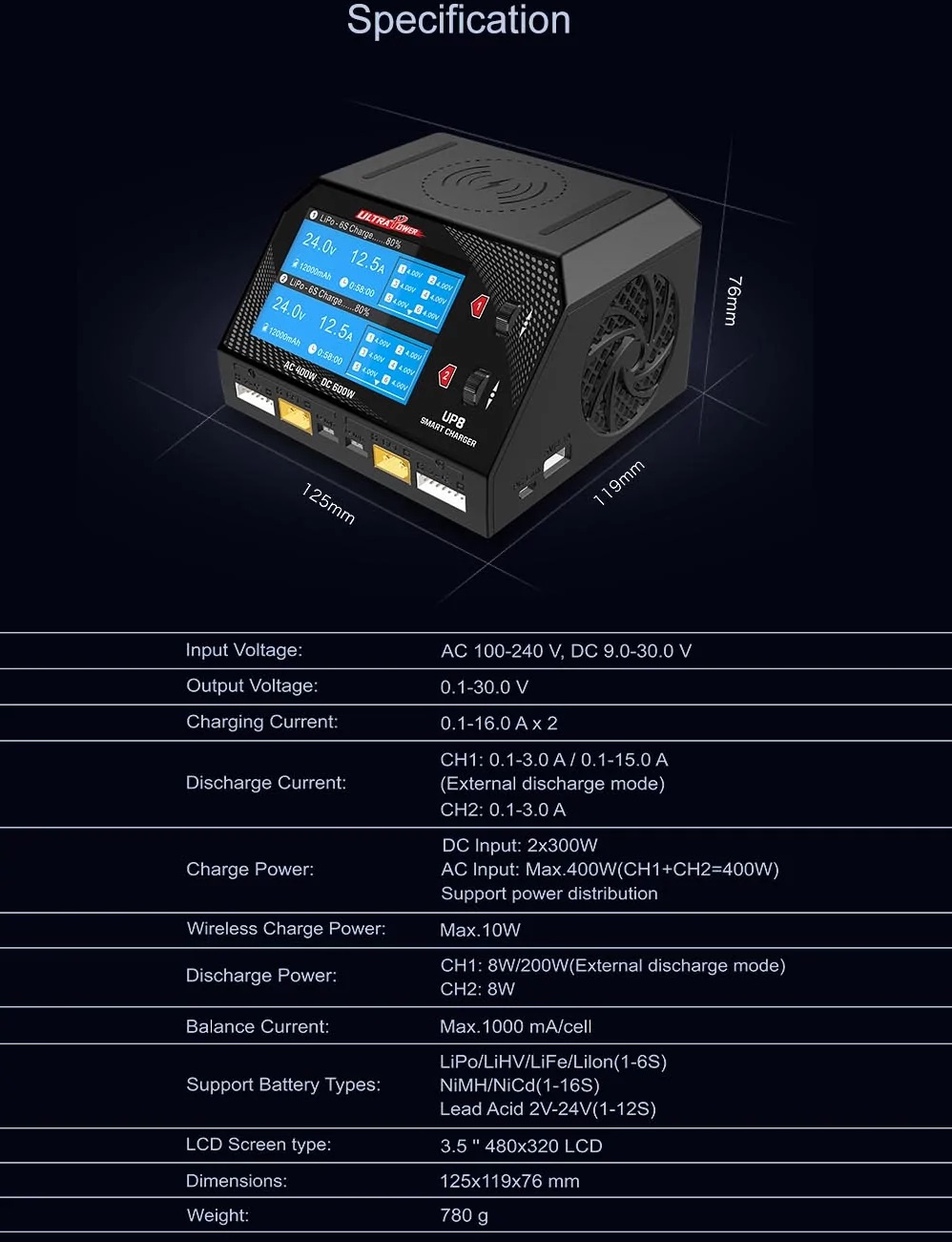 Ultra Power UP8 600W Smart Dual Channel AC/DC Charger - ウインドウを閉じる